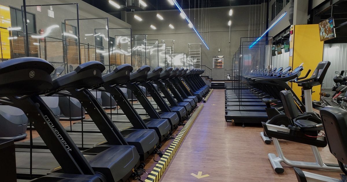 Fileira de esteiras elétricas em uma academia, ambiente típico das esteiras Movement profissionais
