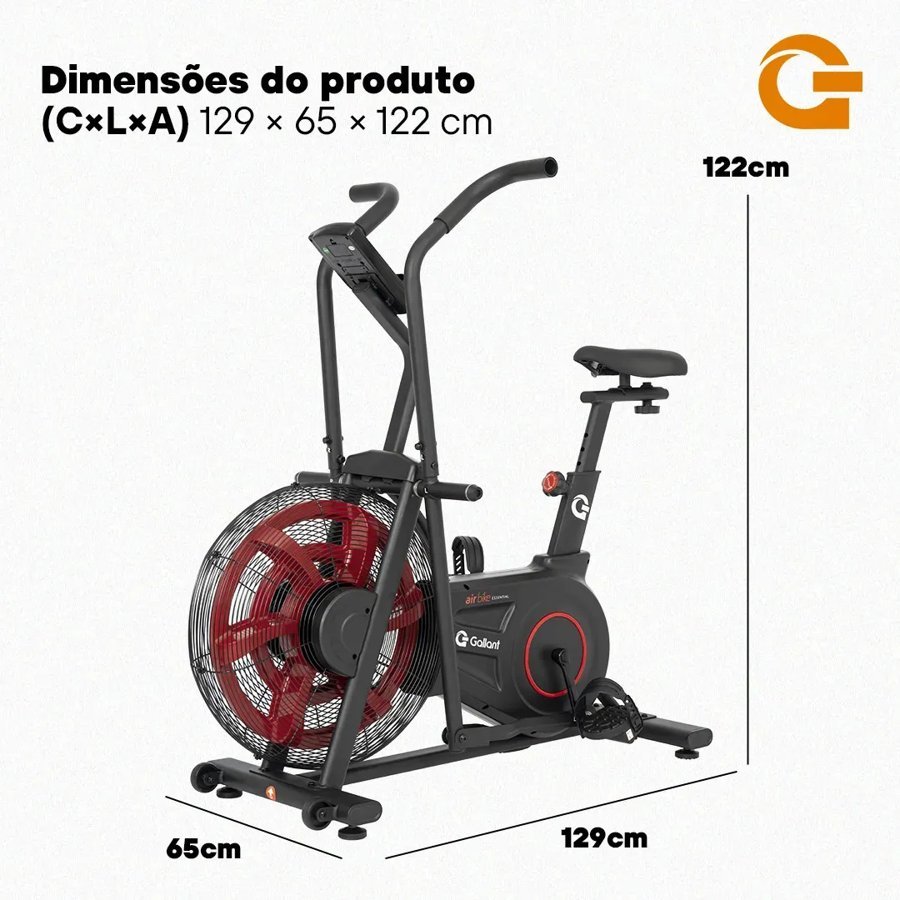 Air bike Gallant Essential com as medidas de 129 x 65 x 122 cm