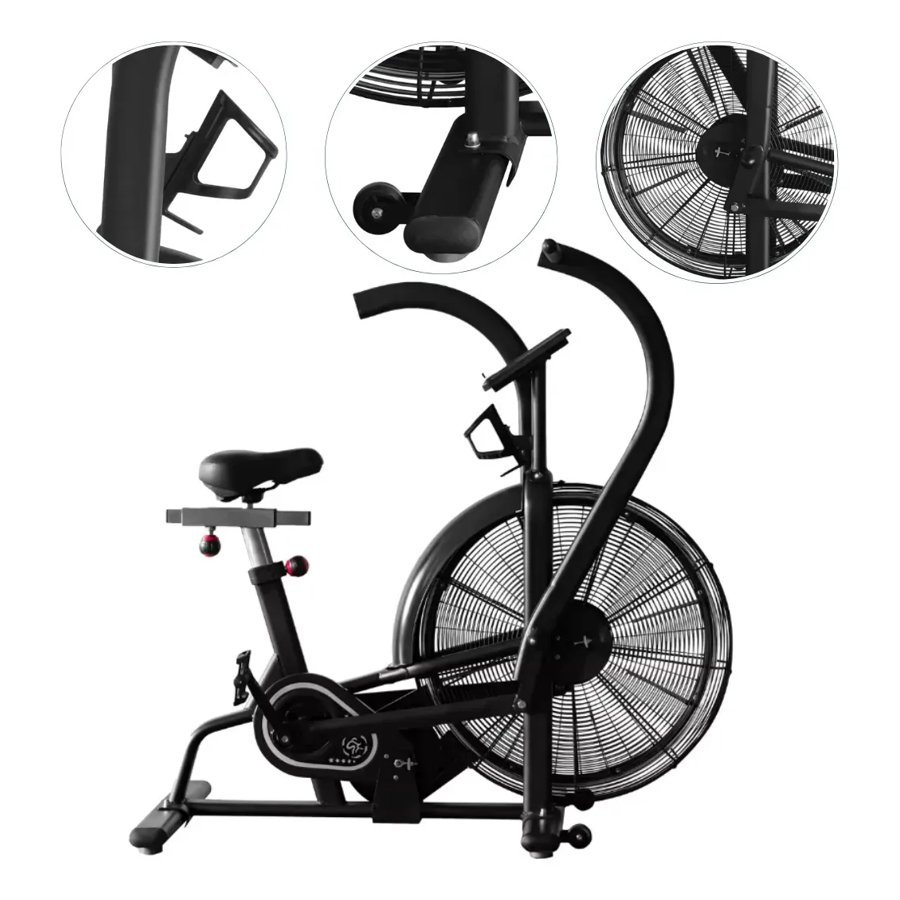 Air bike Hakon preta com ventilador grande, assento e hastes, com detalhes de porta-copos e pedal