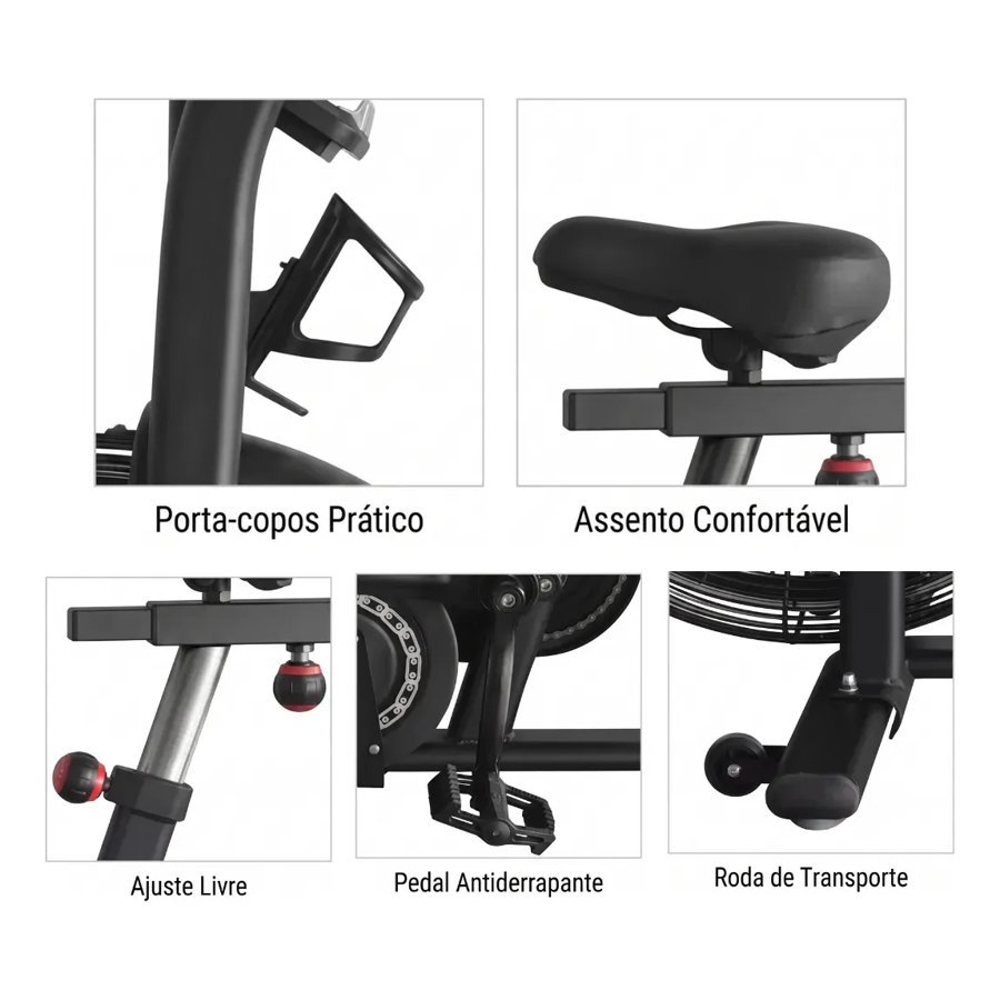 Detalhes da air bike Hakon: porta-copos, assento confortável, ajuste livre, pedal antiderrapante e roda de transporte