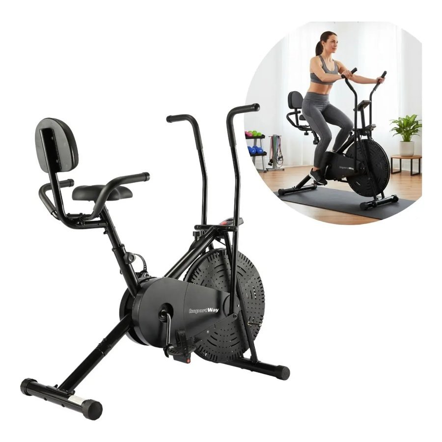 Air bike Importway com encosto anatômico, assento ajustável e ventilador, vista de lado