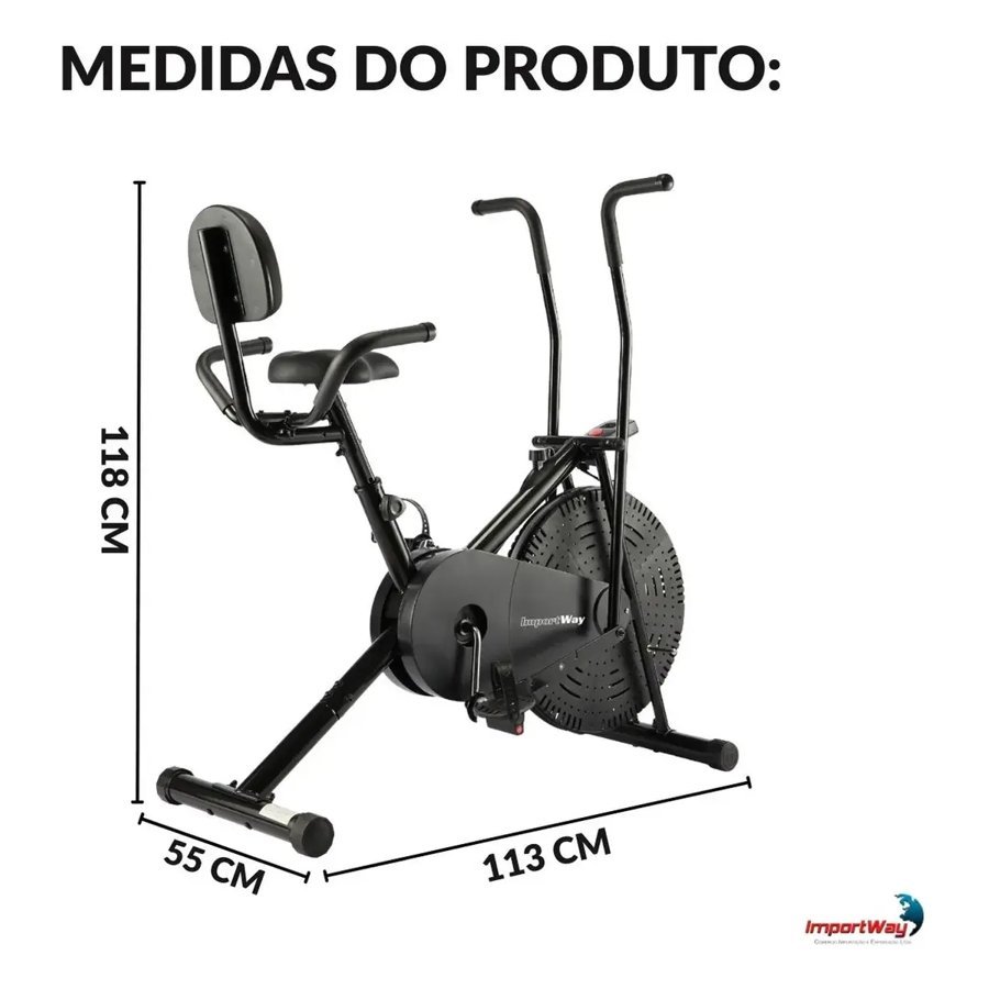 Air bike Importway com as medidas de 113 x 55 x 118 cm