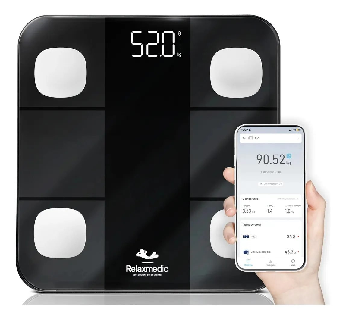 Balança de bioimpedância Relaxmedic preta com aplicativo no celular