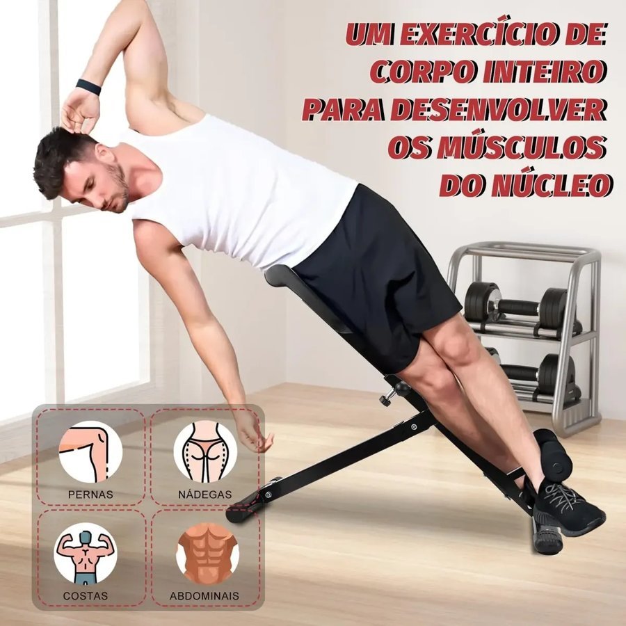 Banco romano Realsunny em uso para o abdominal lateral, com infográfico de músculos trabalhados