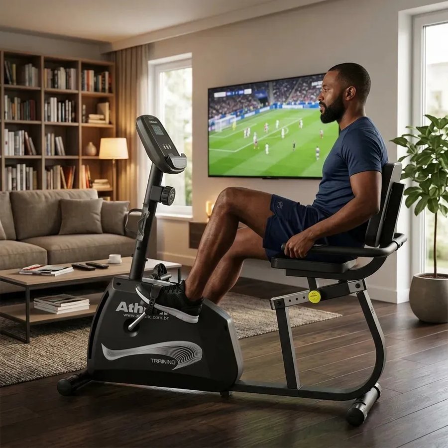Bicicleta Athletic Training horizontal, vista em ângulo com o encosto