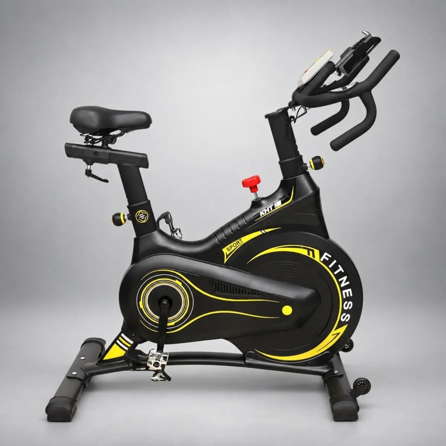 Bike de spinning KHT preta com detalhes amarelos, vista lateral