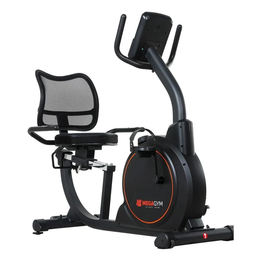 Bicicleta ergométrica MegaGym Soft Ride 5000 preta com detalhe laranja, vista lateral