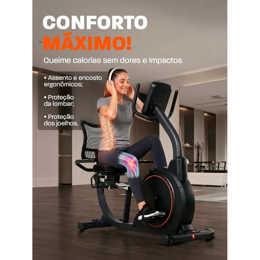 Bicicleta MegaGym Soft Ride 5000 vista em ângulo com o encosto em tela