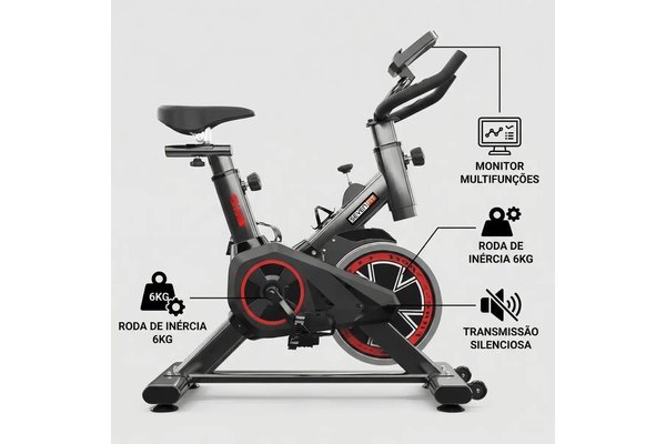 Infográfico da bike de spinning Sevenfit com monitor multifunções, roda de inércia de 6 kg e transmissão silenciosa