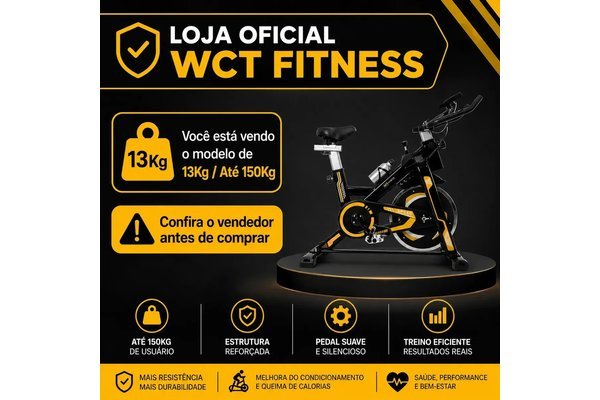 Banner da loja oficial WCT Fitness mostrando a bike de spinning de 13 kg e seus diferenciais