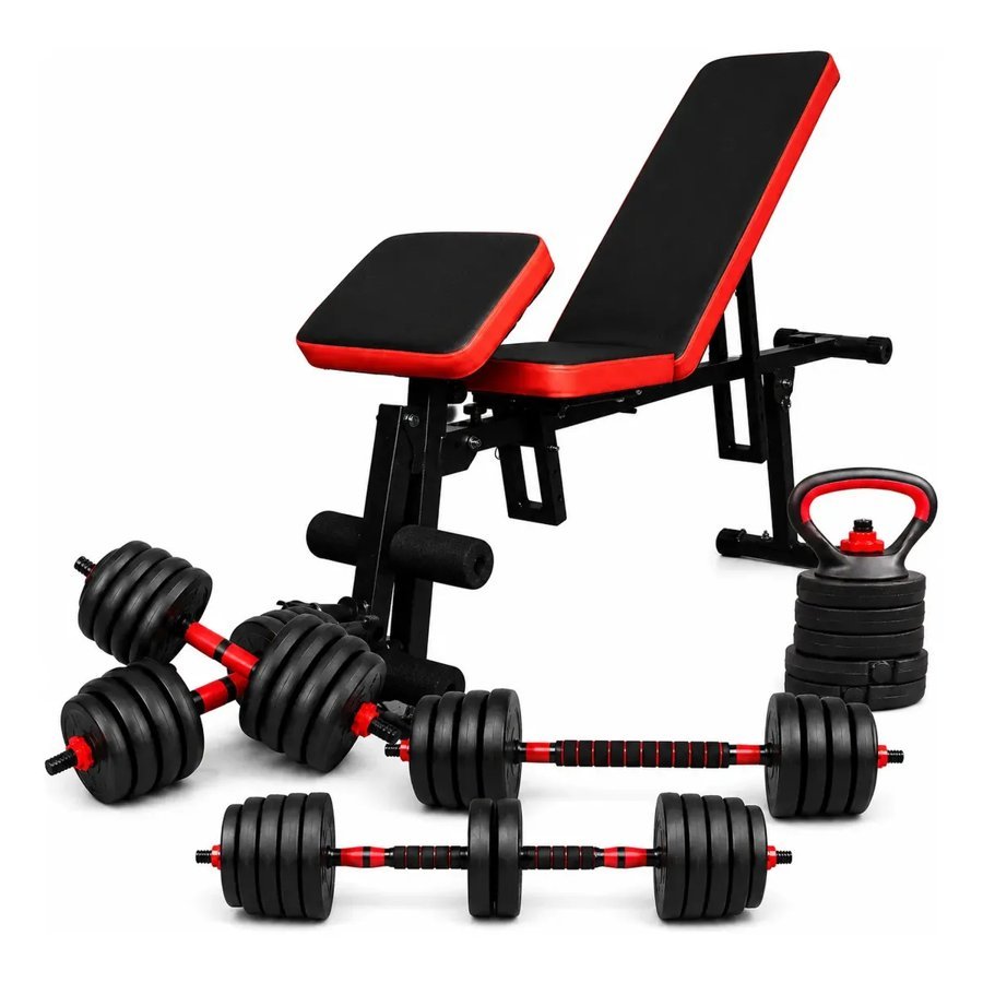 Banco de musculação Livevo com kit de halteres e kettlebell