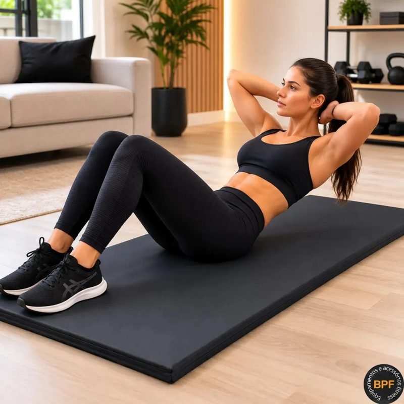 Mulher fazendo abdominal sobre colchonete de academia preto extra grande
