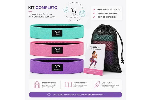Kit com três mini bands de tecido e bolsa de transporte