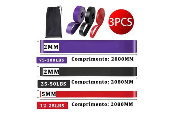 Infográfico com as resistências das três super bands de 208 cm e a bolsa de transporte
