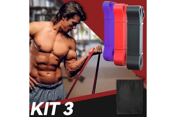 Kit de super bands de látex para musculação ao lado de uma bolsa preta