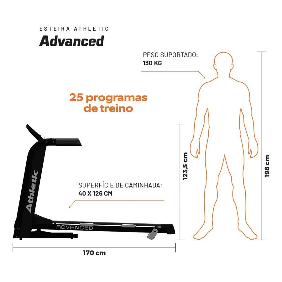 Esteira Athletic Advanced com dimensões e peso máximo de 130 kg