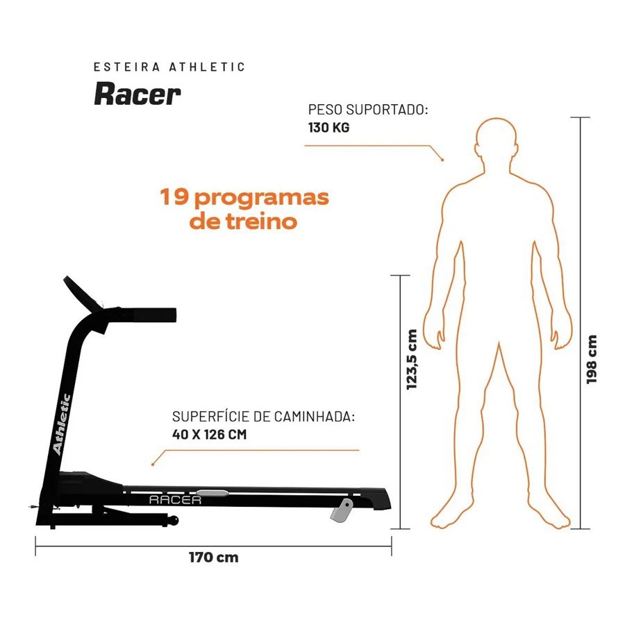 Dimensões da esteira Athletic Racer aberta