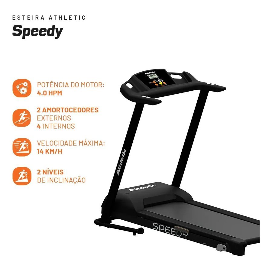 Esteira Athletic Speedy com especificações de motor e velocidade