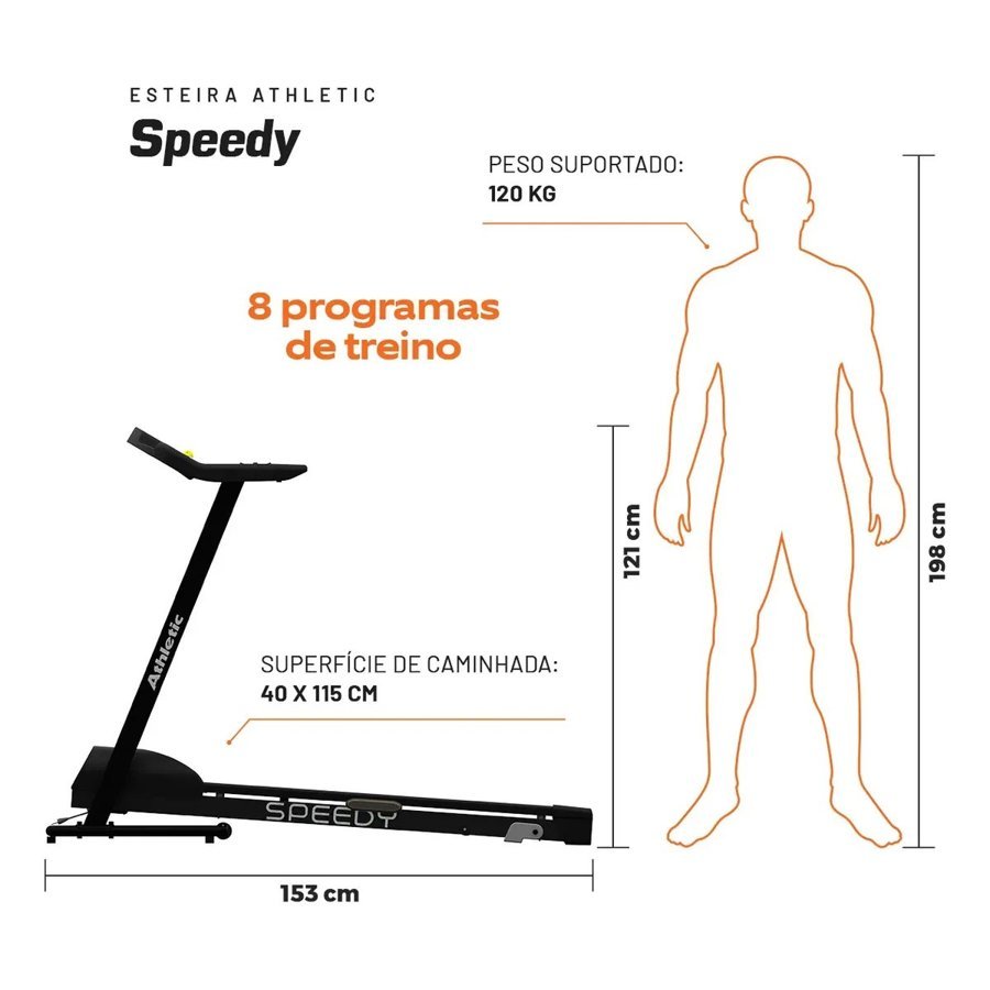 Esteira Athletic Speedy com dimensões e 8 programas de treino