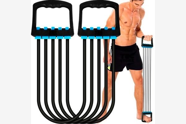 Extensor de peito Utilidades RS com duas alças pretas e cinco elásticos com encaixes azuis, em fundo branco