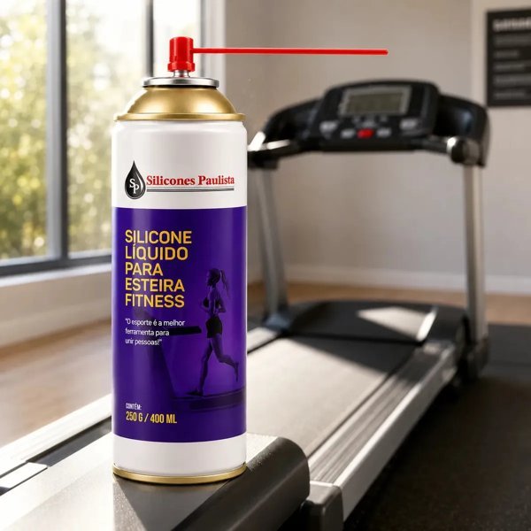 Spray de silicone 400 mL ao lado de uma esteira