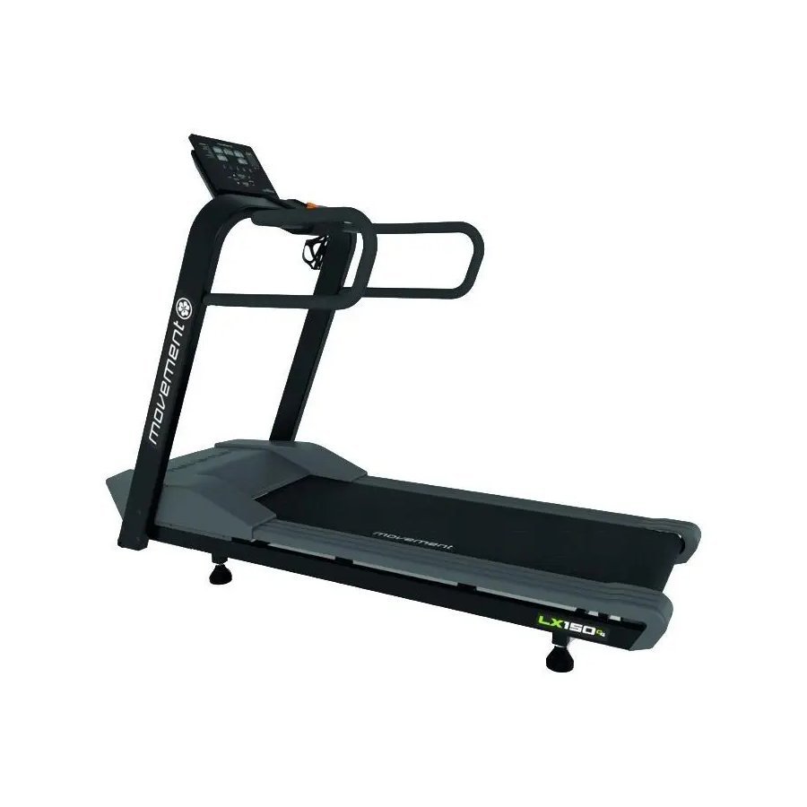 Esteira Movement LX150 G4 preta, vista em perspectiva, com corrimão e painel