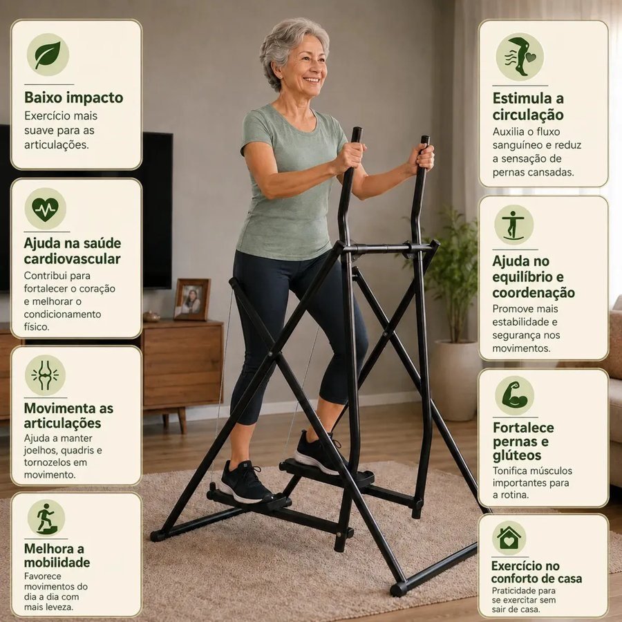 Mulher mais velha usando o simulador de caminhada Athlenix em uma sala