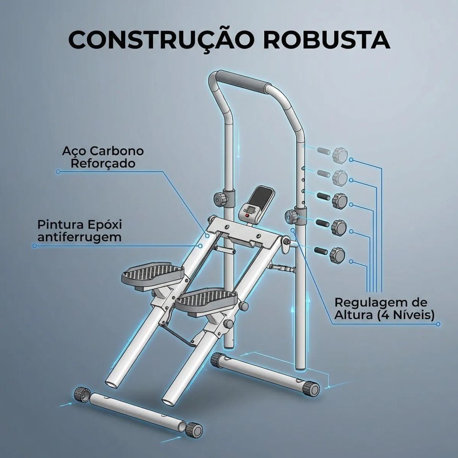 Infográfico da construção em aço carbono e da regulagem de altura do guidão do simulador de caminhada USTAR