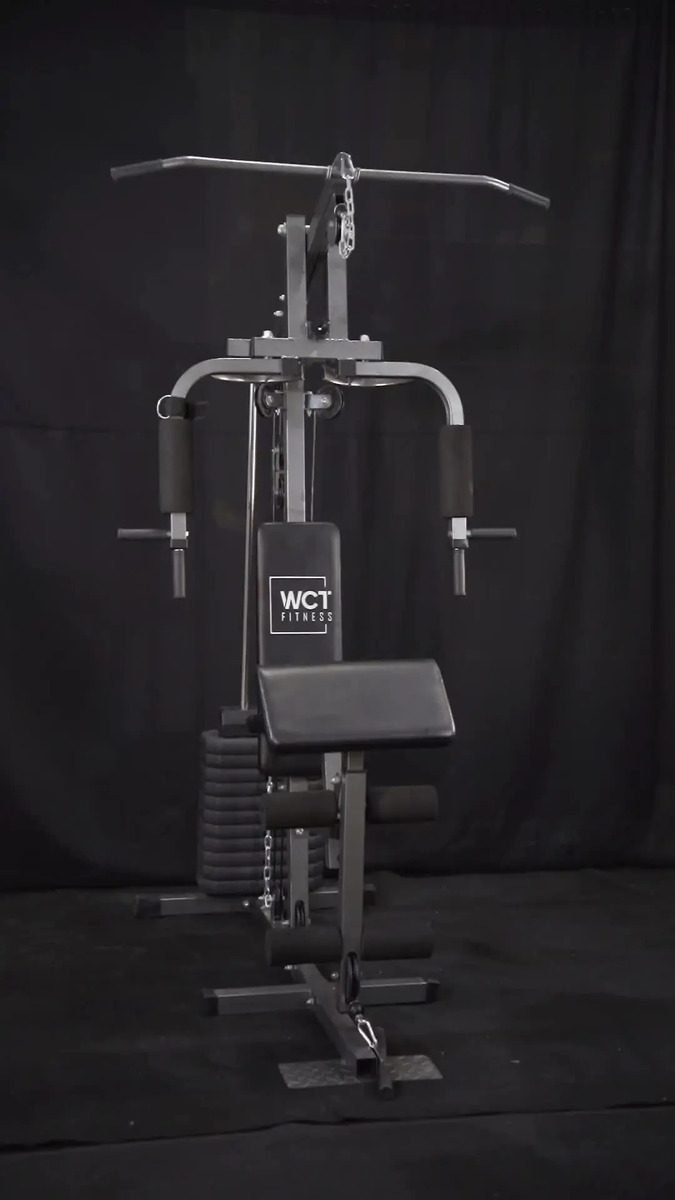Estação de musculação WCT Fitness 80 kg com detalhes dos exercícios