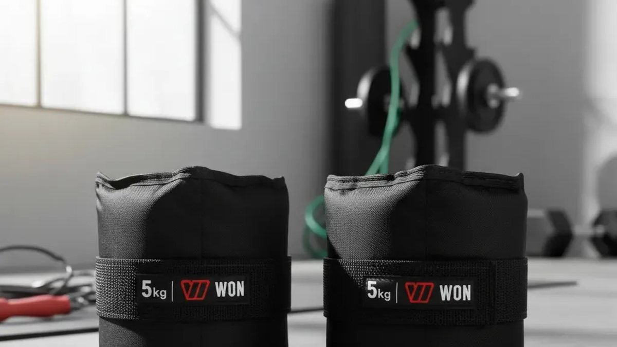 Par de caneleira de peso de 5 kg com velcro em ambiente de treino