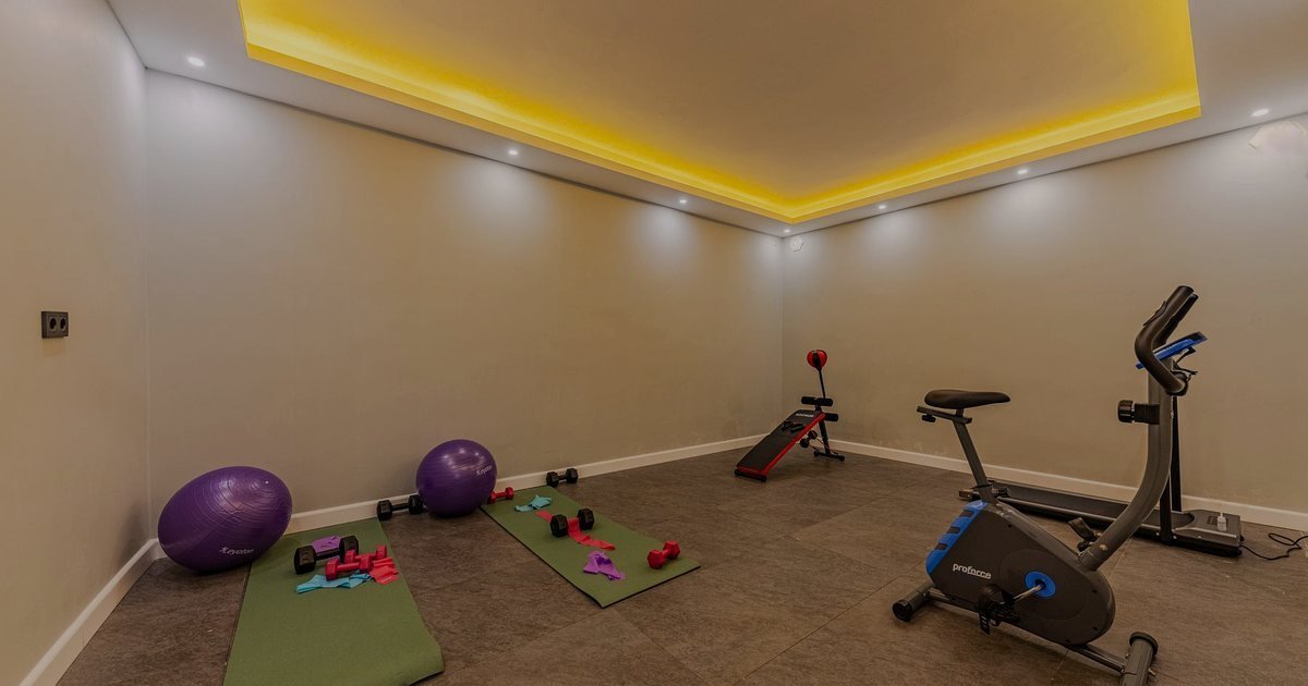 Sala ampla com bicicleta, tapetes e bolas de exercício em um estúdio doméstico