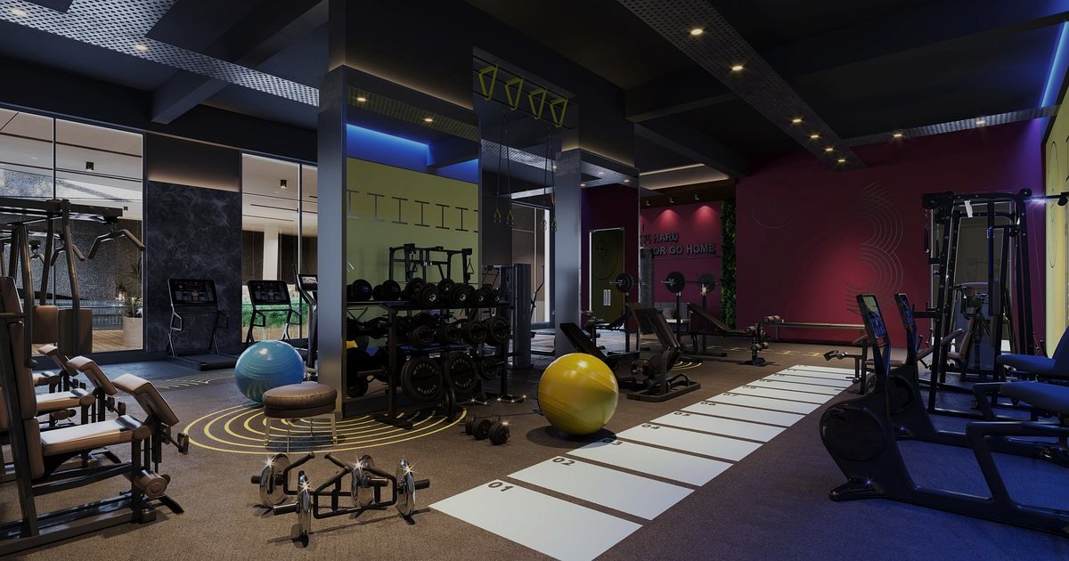 Academia de ambiente escuro com iluminação hexagonal e equipamentos de treino